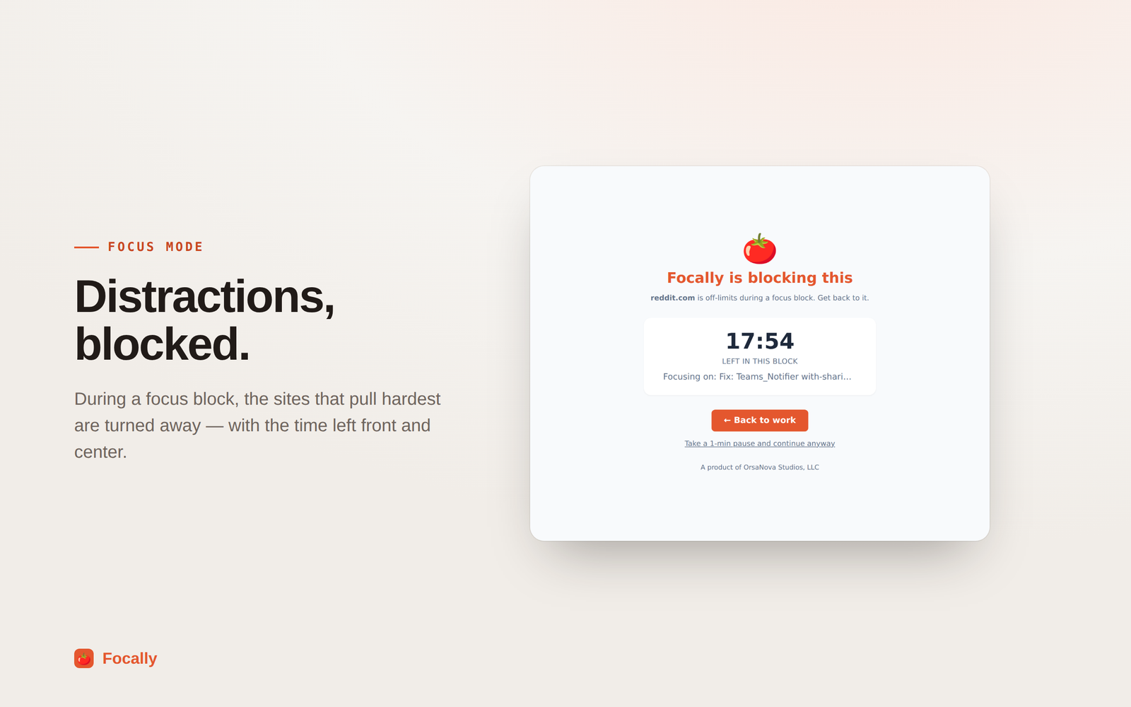 The page shown when a blocked site is opened mid-block: a tomato above the heading “Focally is blocking this”, the line “reddit.com is off-limits during a focus block. Get back to it.”, 17:54 left in the block, the task being focused on, a “Back to work” button, and a link to take a one-minute pause and continue anyway.