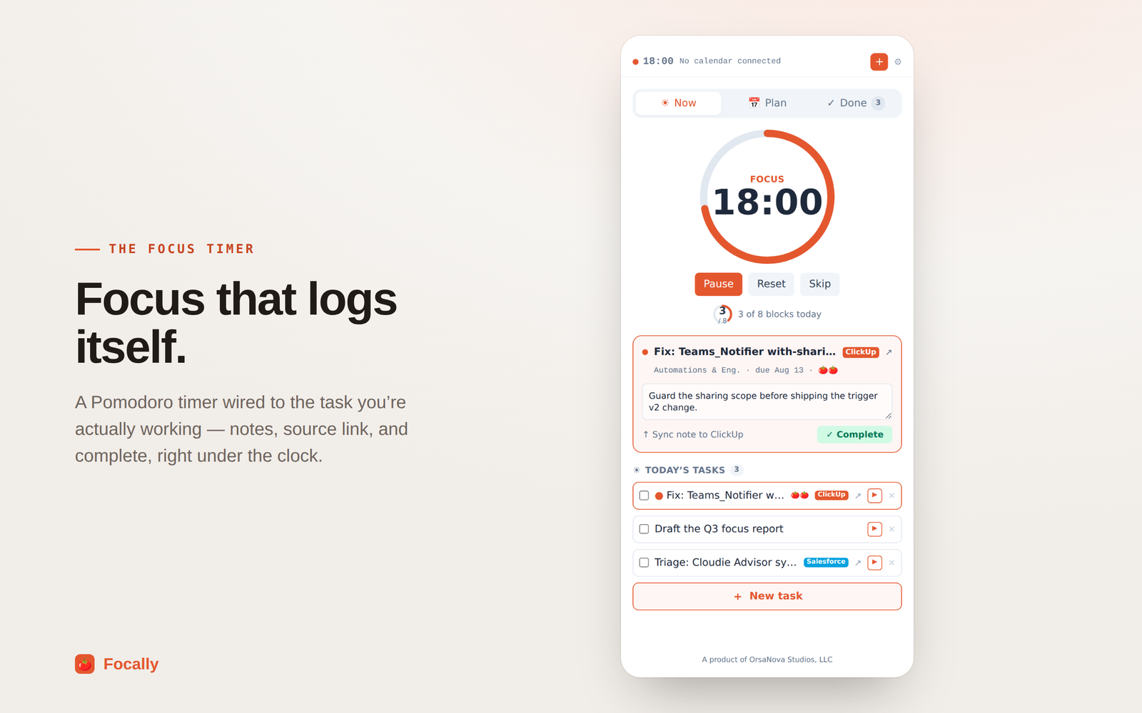 The Now tab: a circular countdown reading 18:00 with Pause, Reset and Skip beneath it, and “3 of 8 blocks today”. Under that, the ClickUp task being worked on — “Fix: Teams_Notifier with-sharing”, due Aug 13 — with a note typed into it, a “Sync note to ClickUp” action and a Complete button. Today’s three tasks follow, tagged ClickUp and Salesforce.
